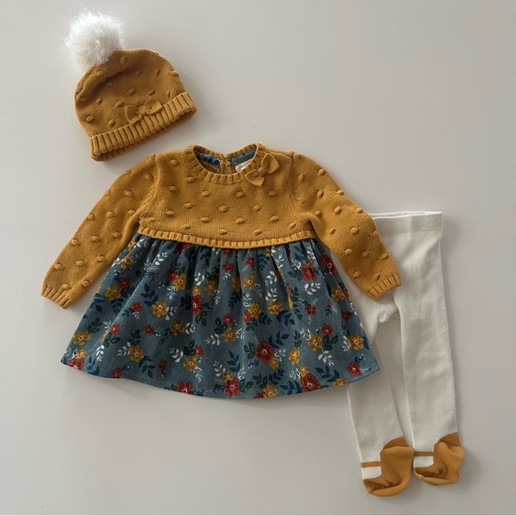 Rachel Ashwell 0-3 Months Baby Gir Knit Mustard Floral Dress Hat Tights Set Fall - Picture 1 of 6